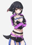  1girl adelie_penguin_(kemono_friends) arm_belt arms_under_breasts belt black_hair black_shorts breasts collarbone cowboy_shot crossed_arms dot_nose fishnets grey_background headphones highres kemono_friends long_sleeves looking_at_viewer medium_breasts medium_hair midriff navel pink_belt red_eyes short_shorts shorts shrug_(clothing) simple_background solo sweatdrop tanabe_(fueisei) 
