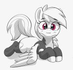 clothing cutie_mark equid equine eyebrow_through_hair eyebrows eyelashes feathered_wings feathers female feral friendship_is_magic greyscale hair hasbro legwear long_tail lying mammal monochrome my_little_pony pabbley pegasus pink_eyes rainbow_dash_(mlp) simple_background smile solo stockings tail translucent translucent_hair wings 
