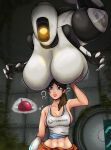  absurd_res alternate_species artificial_intelligence big_breasts boob_hat breasts brown_hair chell clothed clothing digital_media_(artwork) duo female female/female glados hair hi_res huge_breasts human humanoid machine mammal not_furry portal portal_(series) portal_gun robot robot_humanoid smutista solo topwear valve 
