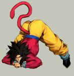  1boy absurdres arched_back arm_rest biceps black_hair blue_sash blue_wristband body_fur dragon_ball dragon_ball_gt flexible full_body gigatan_d hands_on_ground highres jack-o&#039;_challenge legs_apart long_hair looking_at_viewer male_focus meme monkey_boy monkey_tail muscular muscular_male no_nipples pants pectorals red_fur saiyan sash simple_background solo son_goku spiked_hair spread_legs stretching super_saiyan super_saiyan_4 tail top-down_bottom-up wide_spread_legs yellow_eyes yellow_pants 