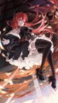  1girl absurdres arknights bare_shoulders black_dress black_footwear black_pantyhose breasts chest_strap closed_mouth demon_girl demon_horns dress high_heels highres horns large_breasts long_hair pantyhose purple_eyes red_hair solo surtr_(arknights) thigh_strap xianyu_guguzi 