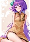 1girl absurdres adapted_costume ailu_elf ass blush brown_dress china_dress chinese_clothes closed_mouth dress flower hair_flower hair_ornament highres long_hair looking_at_viewer purple_eyes purple_hair sleeveless sleeveless_dress smile solo touhou tsukumo_benben white_flower 