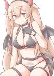  1girl akara_kai alternate_costume bat_wings bikini black_bikini black_gloves breasts brown_eyes cleavage demon_girl demon_horns demon_wings gloves hair_flaps highres horns kantai_collection large_breasts light_brown_hair long_hair murasame_(kancolle) murasame_kai_ni_(kancolle) pubic_tattoo side-tie_bikini_bottom simple_background sitting solo swimsuit tattoo twintails white_background wings 