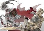  2boys armor blood cape covered_face d_hunter_of_the_dead elden_ring full_armor fur-trimmed_armor fur_trim gauntlets helm helmet holding holding_sword holding_weapon holding_whip juno_hoslow kero_1110 multiple_boys red_cape simple_background sword weapon whip white_background 