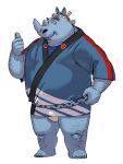  2023 amamiya anthro asian_clothing blue_body clothing east_asian_clothing fundoshi happi_(clothing) humanoid_hands japanese_clothing kemono male mammal musclegut overweight overweight_male rhinoceros simple_background solo underwear white_clothing white_fundoshi white_underwear 