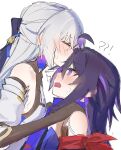  !? 2girls ? ?? ahoge bare_shoulders blush breasts bronya_rand closed_eyes commentary earrings english_text grey_hair hand_on_another&#039;s_shoulder highres honkai:_star_rail honkai_(series) honkai_impact_3rd jewelry kiss kissing_forehead long_hair looking_at_another misaki_d3su multicolored_hair multiple_girls open_mouth purple_eyes purple_hair seele_(honkai:_star_rail) simple_background small_breasts streaked_hair sweatdrop symbol-only_commentary upper_body white_background white_sleeves yuri 