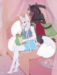  ansart anthro beverage black_body canid canine clothing detailed_background duo felid feline female fox hair long_hair mammal multicolored_hair party plushie red_eyes slumber_party tea two_tone_hair underwear white_body 
