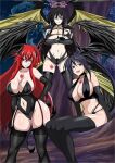  3girls ahoge black_hair black_wings breasts cleavage covered_nipples gloves hair_between_eyes hair_ribbon high_school_dxd himejima_akeno huge_ahoge large_breasts long_hair looking_at_viewer lowres multiple_girls navel open_mouth panties pink_eyes ponytail purple_eyes raynare red_eyes red_hair rias_gremory ribbon shoulder_pads smile thighhighs underwear very_long_hair wings yxyyxy 