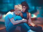  2boys arm_around_shoulder belt black_hair blonde_hair blue_eyes blue_pants blue_shirt blurry blurry_background brown_belt brown_gloves chocobowings cloud_strife crisis_core_final_fantasy_vii final_fantasy final_fantasy_vii gloves hair_between_eyes hair_slicked_back hugging_own_legs long_hair looking_at_another male_focus multiple_boys no_shoes pants parted_lips scar scar_on_cheek scar_on_face shirt short_hair short_sleeves sideburns sleeveless sleeveless_turtleneck socks spiked_hair suspenders t-shirt talking turtleneck white_shirt white_socks yaoi zack_fair 