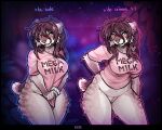  absurd_res anthro beauty_mark bodily_fluids bottomless breasts brown_hair clothed clothing f-r95 fangs felid female fur genitals hair hi_res mammal mega_milk meme partially_clothed pussy saber-toothed_tiger sabertooth_(anatomy) shirt shirt_only short_tail smile smilodon solo sweat sweatdrop t-shirt tail tan_body tan_fur teeth text text_on_clothing text_on_shirt text_on_topwear topwear topwear_only 
