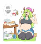  animal_humanoid belly beverage beverage_can big_belly big_breasts blonde_hair breasts burger cleavage clothed clothing dialogue dragon dragon_humanoid duo eating english_text eyes_closed eyewear female food fries glasses green_hair hair hat headgear headwear hi_res horn horned_humanoid huge_breasts huge_thighs human humanoid kneeling kobayashi_(dragon_maid) lewdlemage mammal miss_kobayashi&#039;s_dragon_maid multicolored_hair navel open_mouth overweight overweight_female overweight_humanoid quetzalcoatl_(dragon_maid) raised_finger red_hair smile soda speech_bubble teeth text thick_thighs thought_bubble weight_gain 