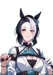  1girl animal_ears ascot black_hair blue_ascot blush breasts cleavage gloves hair_over_one_eye highres holding holding_whip horse_ears horse_girl jacket kama_o_nu looking_at_viewer mejiro_ramonu_(umamusume) mole mole_under_eye multicolored_hair purple_eyes simple_background single_glove smile solo streaked_hair umamusume upper_body white_background white_gloves white_hair white_jacket 