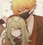  1boy 1girl beret black_mask blonde_hair brown_coat brown_headwear brown_sweater brown_vest closed_mouth coat commentary couple eyewear_on_head glasses green_hair hat highres kusanagi_nene looking_at_viewer mask mouth_mask one_eye_closed project_sekai purple_eyes sidelocks simple_background sweater t_nvv tenma_tsukasa turtleneck turtleneck_sweater upper_body vest white_background white_sweater yellow_eyes 