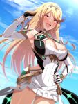  1girl absurdres bare_shoulders blonde_hair blue_sky cleavage_cutout clothing_cutout cowboy_shot dress earrings hand_on_own_hip highres jewelry long_hair looking_at_viewer mebi_il mythra_(xenoblade) panties pantyshot sky smile solo star_(symbol) star_earrings swept_bangs tiara underwear white_dress xenoblade_chronicles_(series) xenoblade_chronicles_2 