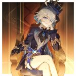  ahoge azuma07t bare_legs black_gloves blue_eyes closed_mouth coat crossed_legs furina_(genshin_impact) genshin_impact gloves heterochromia highres legs long_sleeves looking_at_viewer sitting smile thigh_strap thighs throne white_hair 
