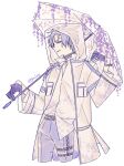  1boy alternate_costume animal_ears bishounen choker flower fox_boy fox_ears fox_tail gin_less gloves half_gloves holding holding_umbrella kuya_(nu_carnival) long_sleeves looking_at_viewer male_focus mole mole_under_eye nu_carnival pants purple_choker purple_eyes purple_gloves purple_hair purple_pants purple_theme shirt_partially_tucked_in short_hair tail transparent transparent_umbrella umbrella wisteria 