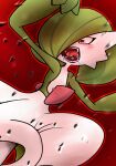  1girl arms_up blush bob_cut colored_skin commentary_request constricted_pupils drooling fangs flat_chest gardevoir green_hair green_skin hair_over_one_eye highres multicolored_skin one_eye_covered open_mouth outline pokemon pokemon_(creature) red_background red_eyes red_outline saliva short_hair solo teeth tongue two-tone_skin white_skin yuri_(pixiv_76483886) 