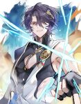  1boy black_gloves dr._ratio_(honkai:_star_rail) fingerless_gloves gloves hair_between_eyes hair_over_one_eye highres honkai:_star_rail honkai_(series) looking_at_viewer male_focus oryunbunkosu pectoral_cleavage pectorals short_hair smile snapping_fingers solo 