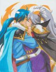  1boy 1girl absurdres arms_around_back arms_around_neck bad_link blue_hair cape closed_eyes couple dress fire_emblem fire_emblem:_genealogy_of_the_holy_war hachimaki headband highres ishtar_(fire_emblem) kiss md5_mismatch nintendo ponytail purple_dress purple_hair ravernclouk seliph_(fire_emblem) signature 