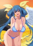  1girl absurdres angel_wings arm_under_breasts asymmetrical_wings bare_shoulders beach bikini blue_bikini blush breasts cleavage cloud commentary_request dizzy_(guilty_gear) fuuma_(bangolga1) groin guilty_gear guilty_gear_xrd guilty_gear_xx hair_rings hanging_breasts highres large_breasts leaning_forward long_hair looking_at_viewer mature_female monster_girl navel ocean open_mouth orange_sky shaded_face sidelocks skindentation sky solo stomach sunlight sunset swimsuit tail thick_thighs thighs twintails water waves wings 