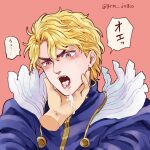  2boys after_fellatio blonde_hair commentary_request crying crying_with_eyes_open cum cum_in_mouth dio_brando ear_birthmark feathers grm_jogio highres holding implied_fellatio jojo_no_kimyou_na_bouken long_sleeves male_focus multiple_boys phantom_blood red_eyes short_hair speech_bubble tears tongue tongue_out translation_request yaoi 