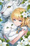  1girl animal_ear_fluff animal_hug bare_arms blonde_hair blue_eyes cat closed_mouth commentary_request dress flower green_eyes hagure_keg hair_flower hair_ornament highres lion long_hair original sleeveless sleeveless_dress smile solo white_cat white_dress white_flower yellow_eyes 