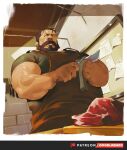  1boy absurdres apron bara beard big_nose brown_apron butcher character_request facial_hair foreshortening from_below fullmetal_alchemist green_shirt highres holding holding_knife kitchen_knife knife large_pectorals male_focus mature_male muscular muscular_male mustache old old_man pectorals raw_meat ross_(doodlrenzo) shirt short_hair solo upper_body 
