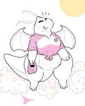  2023 anthro badge bodily_fluids bottomless breasts cleavage clothed clothing crop_top dragon dragonite eyes_closed featureless_crotch female flower garden generation_1_pokemon happy hi_res looking_up mature_female monochrome nintendo open_mouth outside panties pink_clothing plant pokeball pokemon pokemon_(species) shirt simple_background smile solo sun sweat thick_thighs tongue topwear tuanyllej2 underwear watering_can wide_hips 