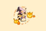  blush bow commentary english_commentary english_text hat highres jack-o&#039;-lantern mimikyu no_humans pokemon pokemon_(creature) purple_bow purple_headwear sugahri witch_hat 