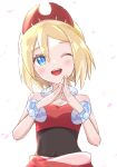  1girl ;d absurdres blonde_hair blue_eyes blush bracelet breasts collar commentary covered_navel eyelashes hairband highres irida_(pokemon) jewelry one_eye_closed open_mouth own_hands_together pokemon pokemon_(game) pokemon_legends:_arceus red_hairband red_shirt rono_(lethys) shirt short_hair simple_background smile solo steepled_fingers strapless strapless_shirt teeth tongue upper_body upper_teeth_only white_background 