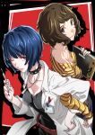  2girls black_shirt blue_hair brown_eyes brown_hair choker coat gothic holding holding_needle jewelry kawakami_sadayo lab_coat looking_at_viewer medium_hair multiple_girls name_tag necklace needle one_eye_closed open_clothes open_coat persona persona_5 saeki_shun shirt striped striped_shirt takemi_tae upper_body white_coat 