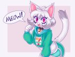  2021 7-eleven anthro blush blush_lines clothed clothing cropped_hoodie cute_fangs dialogue digital_media_(artwork) dolphin_shorts domestic_cat felid feline felis female female_anthro flat_chested fur hair kemono looking_at_viewer mammal meow meowing open_mouth paw_pose pose robo_(robosylveon) robosylveon short_hair solo speech_bubble tail text tongue 