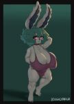  absurd_res big_breasts breasts cleavage clothed clothing doughchanga female green_hair hair hi_res huge_breasts humanoid inner_ear_fluff league_of_legends long_ears nipple_outline pink_eyes riot_games short_stack solo thick_thighs top_heavy tuft vex_(lol) yordle 