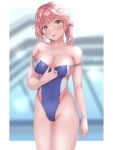  1girl blurry blurry_background breasts cleavage clothes_pull commentary_request competition_swimsuit cowboy_shot head_tilt highleg highleg_swimsuit highres large_breasts mashinatsu multicolored_clothes multicolored_swimsuit one-piece_swimsuit one-piece_swimsuit_pull original pink_hair rei_no_pool short_hair solo standing swimsuit yellow_eyes 