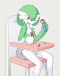  anthro baby_toys clean_diaper clothed clothing diaper diaper_only exposed_diaper female gardevoir generation_3_pokemon hand_on_cheek hi_res high_chair holding_object humanoid infantilism looking_at_object looking_down nintendo octojo one_eye_obstructed pokemon pokemon_(species) red_eyes simple_background sitting solo topless toy wearing_diaper 