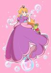  1girl blonde_hair blue_eyes brooch bubble bubble_peach caterpillar crown dress earrings elbow_gloves full_body gloves high_heels highres jewelry long_hair mario_(series) pink_background prince_florian princess_peach puffy_short_sleeves puffy_sleeves purple_dress purple_footwear saiwo_(saiwoproject) short_sleeves simple_background sphere_earrings super_mario_bros._wonder white_gloves 