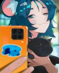  1girl :3 =_= animal animal_ears black_cat blue_eyes blue_hair blurry blurry_background cat cellphone colored_sclera depth_of_field hair_ornament hairclip head_back highres holding holding_animal holding_cat holding_phone koitoroku looking_at_viewer medium_hair mouse_ears mouse_girl one_eye_closed orange_sclera original paw_hair_ornament phone selfie smartphone smug solo sticker upper_body 