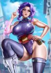  1girl boku_no_hero_academia boots breasts dandon_fuga highres lady_nagant large_breasts leotard multicolored_hair muscular muscular_female pink_hair purple_hair solo thick_thighs thigh_boots thighs two-tone_hair 