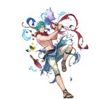  1boy axe blue_eyes blue_hair blue_sarong ephraim_(fire_emblem) ephraim_(summer)_(fire_emblem) fire_emblem fire_emblem:_the_sacred_stones fire_emblem_heroes flower_wreath holding holding_axe male_focus official_alternate_costume official_art one_eye_closed p-nekor sandals sarong shorts torn_clothes white_shorts 