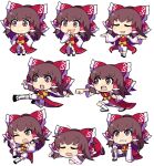  1girl ascot black_footwear bloomers blush bow brown_eyes brown_hair chibi clenched_teeth closed_eyes closed_mouth collared_shirt commentary_request cookie_(touhou) detached_sleeves frilled_bow frilled_hair_tubes frills frown full_body hair_bow hair_tubes hakurei_reimu hospital_king kanna_(cookie) kicking long_hair looking_afar medium_bangs multiple_views one_eye_closed open_mouth punching red_bow ribbon-trimmed_sleeves ribbon_trim scratches shirt shrugging sidelocks simple_background sleeveless sleeveless_shirt smile socks teeth touhou transparent_background underwear v-shaped_eyebrows white_bloomers white_sleeves white_socks yellow_ascot zouri 