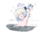  1girl animal_ears azu_ankoowl blue_archive breasts closed_eyes flask green_hair halo medium_breasts nude onsen shigure_(blue_archive) smile snow towel towel_on_head wet white_background 