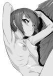  1girl arms_up breasts expressionless greyscale highres looking_at_viewer lying monochrome mukago_(mukagomumumu) nipples nude on_side original ribs short_hair sketch skinny small_breasts solo upper_body 