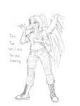  3:4 5_fingers anthro arm_feathers arm_scar backpack black_and_white boots bottomwear breasts cigarette claws clothed clothing combat_boots english_text eye_scar facial_scar fang_(gvh) feathered_wings feathers female finger_claws fingers footwear goodbye_volcano_high hi_res looking_at_viewer military_clothing monochrome neck_scar pants pterodactylus pterosaur reptile scalie scar shirt short_tail simple_background snoot_game snout solo standing tail text topwear unknown_artist wings 