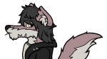  anthro biting_on_toothpickk black_hair black_nose canid canine canis clothed clothing coyote dreamcatcher_(artist) ear_piercing eyebrows hair inner_ear_fluff jacket male mammal piercing shirt solo standing tail toothpick topwear tuft white_inner_ear_fluff 