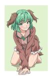  1girl all_fours animal_ears bare_legs barefoot blush breasts crossed_wrists dog_ears dog_tail full_body green_eyes green_hair grey_background grin gyouza_(mhea5724) highres kasodani_kyouko long_sleeves looking_at_viewer petticoat short_hair simple_background small_breasts smile solo tail toes touhou 