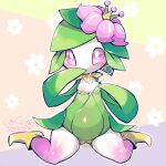  &lt;3 &lt;3_eyes 1:1 abstract_background anthro biped blush bodily_fluids breasts breath cotora elemental_creature female flora_fauna flower flower_crown front_view genital_fluids genitals green_body hi_res hisuian_form hisuian_lilligant kneeling looking_at_viewer multicolored_body nintendo nipples non-mammal_breasts pink_body pink_eyes plant plant_hair pokemon pokemon_(species) pseudo_hair pupils pussy pussy_juice pussy_juice_pool regional_form_(pokemon) solo white_body white_pupils 