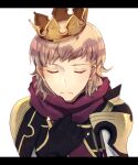  1boy armor black_gloves blonde_hair closed_eyes closed_mouth commentary_request crown facing_viewer fire_emblem fire_emblem_fates gloves hand_on_own_chest kanasiinezimakineko male_focus partial_commentary pauldrons portrait purple_scarf scarf shoulder_armor siegbert_(fire_emblem) simple_background solo swept_bangs white_background 