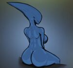  2020 alien alien_(franchise) alien_humanoid big_breasts big_butt big_head biped blue_body breasts butt eyeless female grey_background hi_res humanoid monotone_body noseless not_furry nude runawaystride shaded side_boob simple_background simple_shading sitting sitting_on_ledge smile solo three-quarter_view xenomorph 