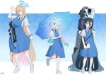  3girls absurdly_long_hair aris_(blue_archive) arm_up arona_(blue_archive) artist_name assault_rifle asuna_(blue_archive) bag black_hair black_necktie blonde_hair blue_archive blue_dress blue_eyes blue_hair breasts bullpup collared_shirt dress famas fikkyun flat_chest full_body gun hair_between_eyes hair_over_one_eye hairband halo highres holding holding_umbrella large_breasts long_hair multiple_girls necktie open_mouth pinafore_dress rifle scrunchie shirt shoes short_hair short_sleeves shoulder_bag sidelocks sleeveless sleeveless_dress sling smile sneakers socks standing standing_on_one_leg umbrella umbrella_gun very_long_hair waving weapon white_footwear white_shirt white_socks wrist_scrunchie 