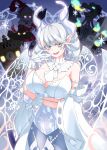  1girl absurdres breasts clock demon_horns demon_wings dress duel_monster fire gloves green_fire grey_eyes highres horns large_breasts lovely_labrynth_of_the_silver_castle open_mouth smile sword weapon white_dress white_gloves white_hair wings yata_masahara yu-gi-oh! 